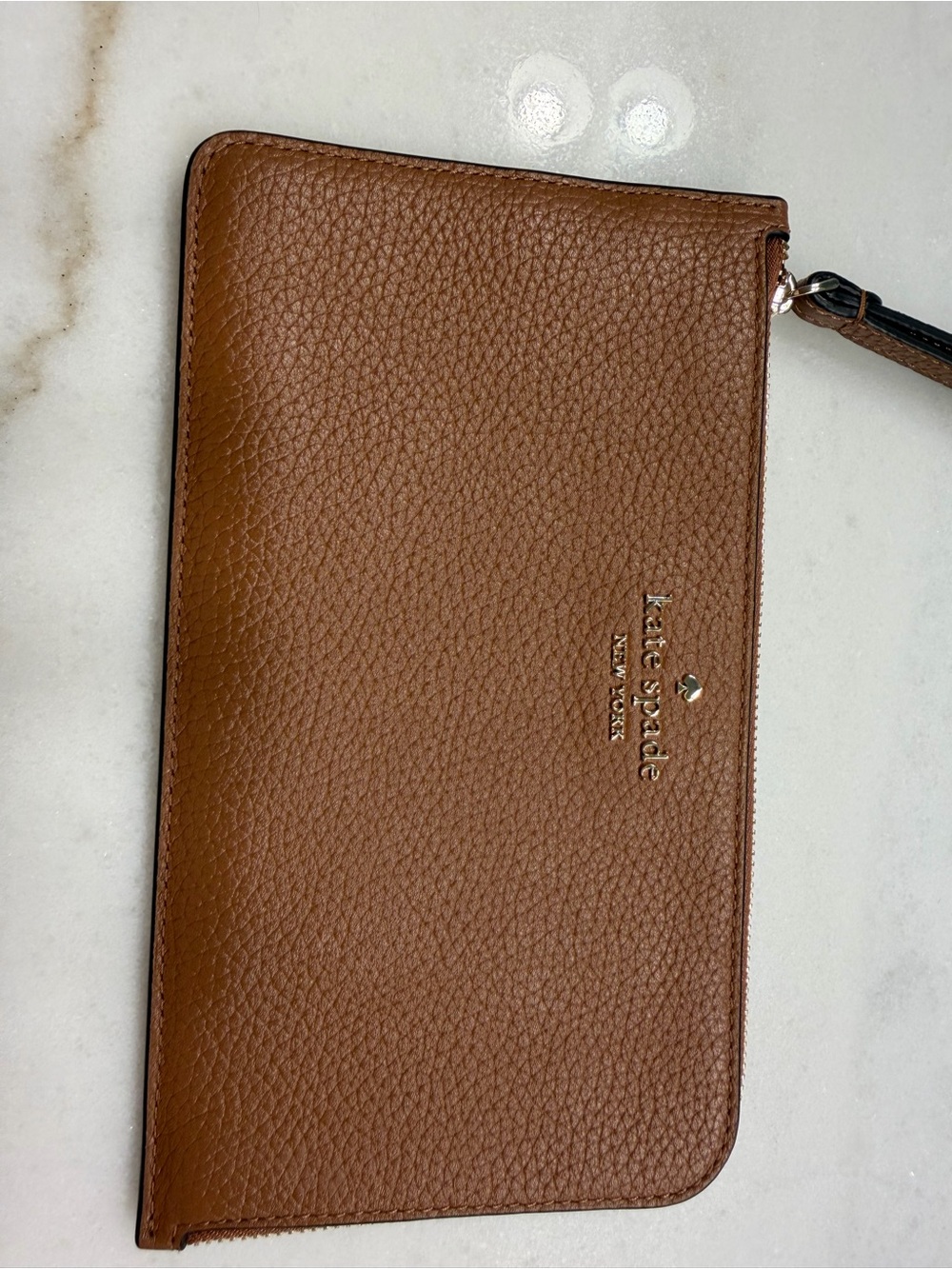 kate spade Brown Pebbled Leather Zip Wristlet with Strap